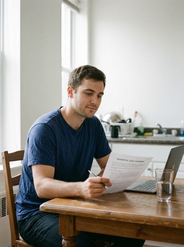 Renter reading a lease agreement at a kitchen table before decorating