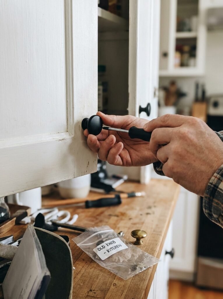 Hands installing a matte black knob on a rental kitchen cabinet
