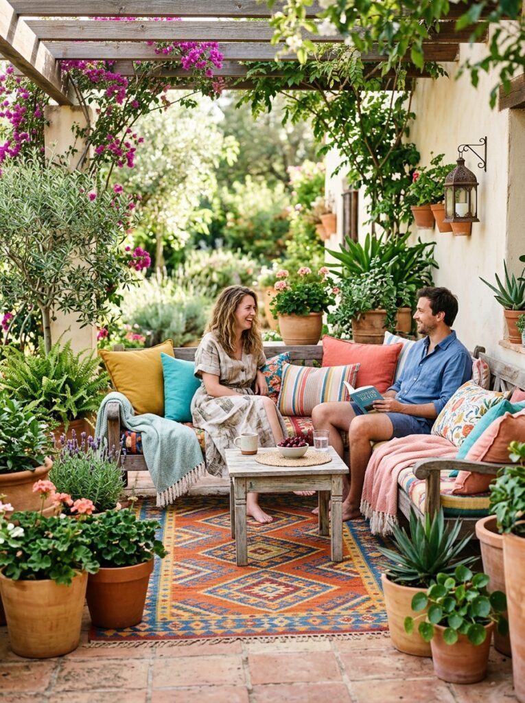Colorful cushions and decor adding mood setting patio inspiration