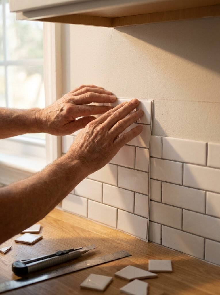 Hands installing white peel and stick subway tiles on a kitchen wall