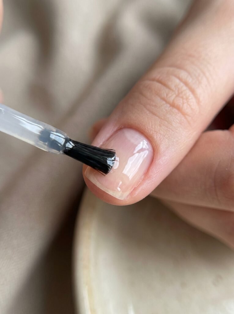 Applying a clear nail strengthener for stronger nails at home