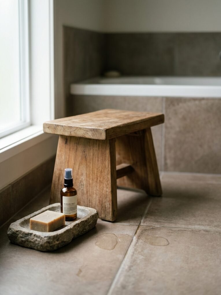 Wooden stool and a stone tray holding soap on a bathroom floor