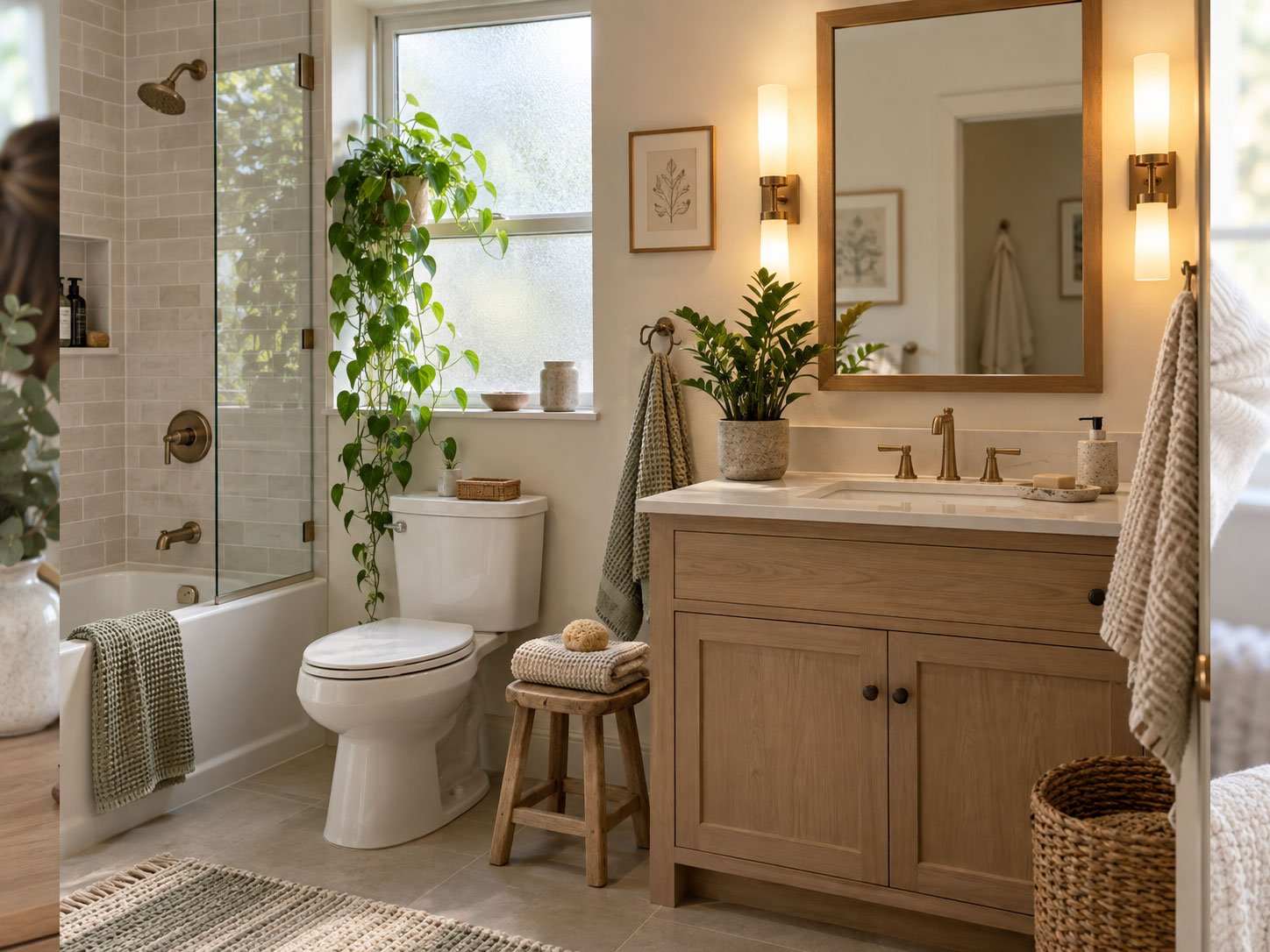 Bright bathroom with leafy plants, warm vanity lights, wood accents, and textured neutral towels