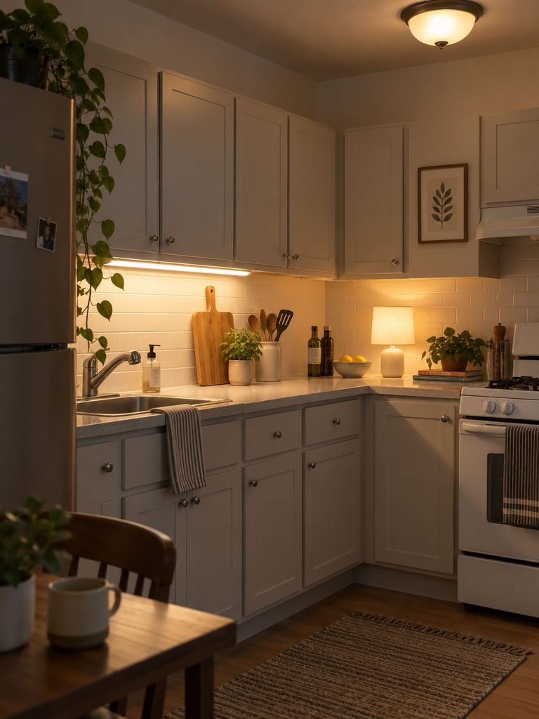 Warm under cabinet task light and portable lamp illuminating a rental kitchen counter