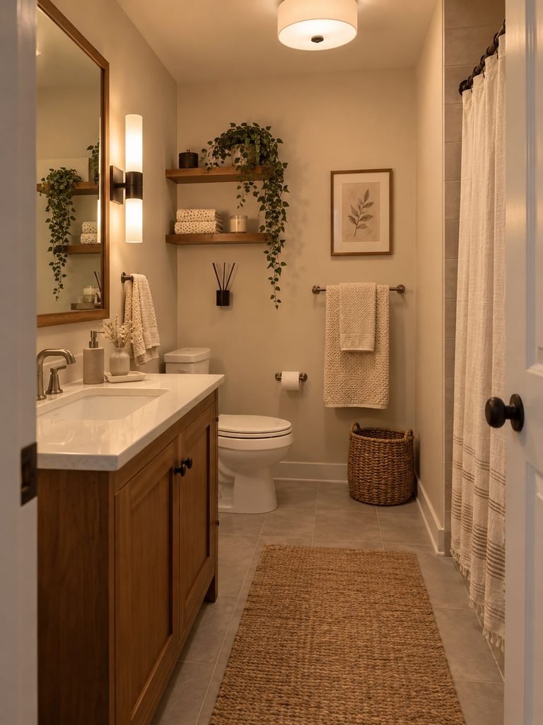 Compact windowless bathroom with warm sconces, clear counter, textured towels, and realistic faux greenery