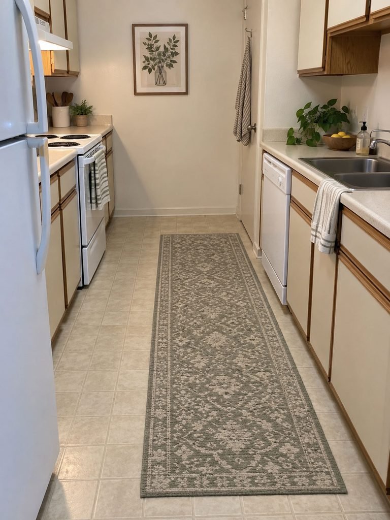 Flat washable runner covering part of a dated rental kitchen floor without blocking the walkway