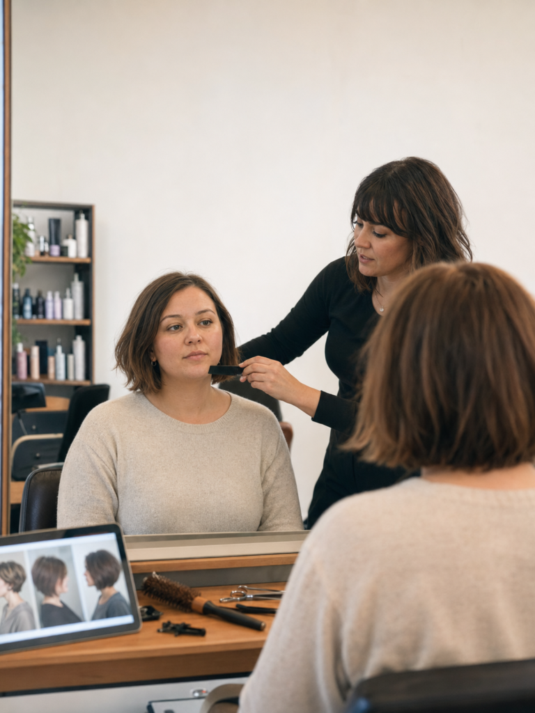Woman looking in a salon mirror while discussing a haircut with her stylist