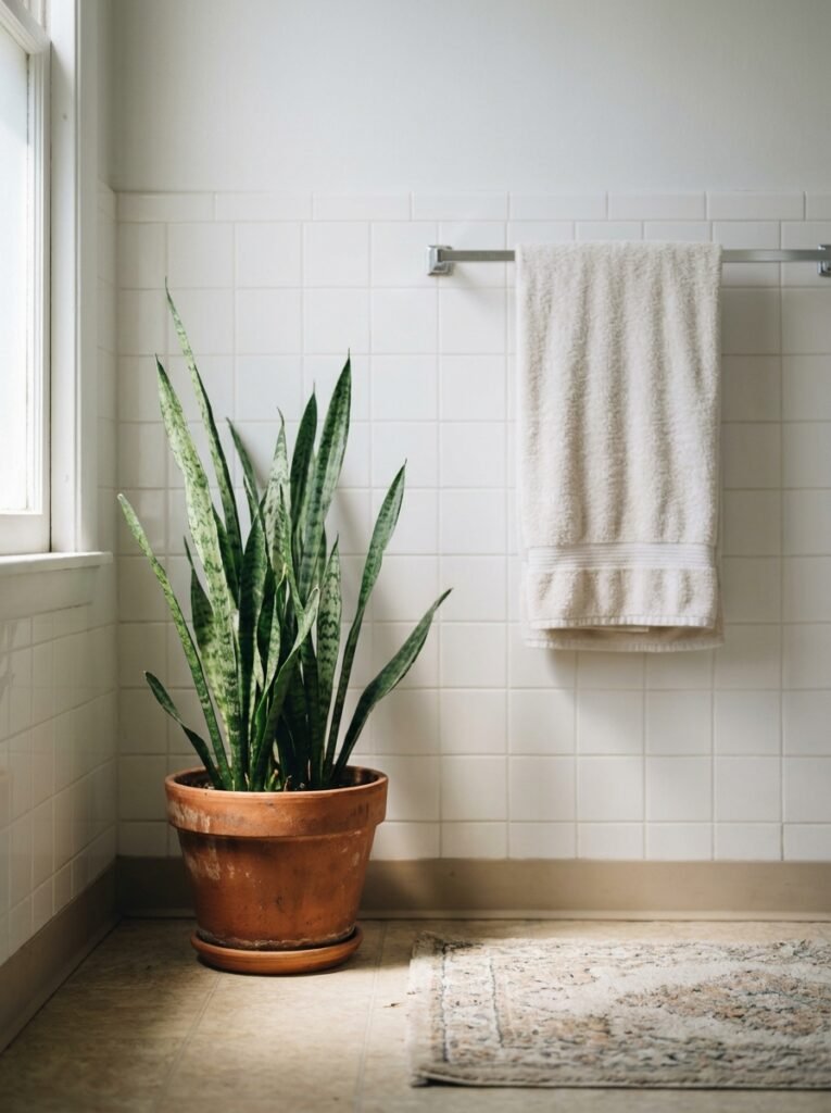 A real American bathroom with a snake plant in the corner and soft daylight on tiled walls