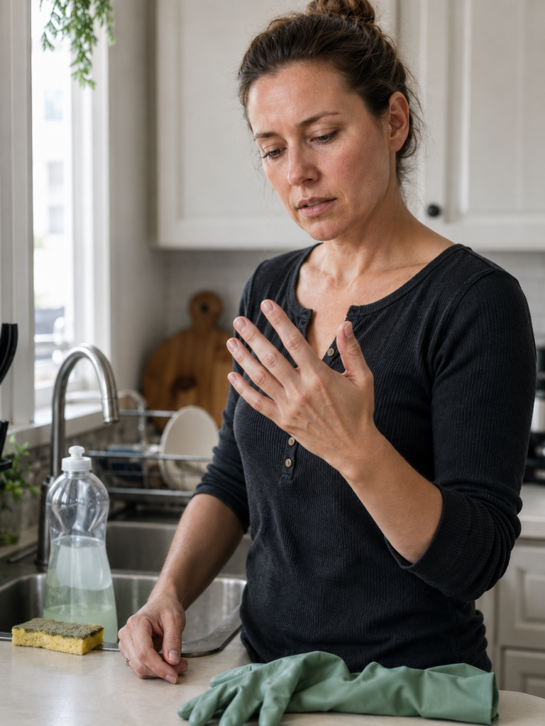 Woman examining weak nails before starting a routine for stronger nails