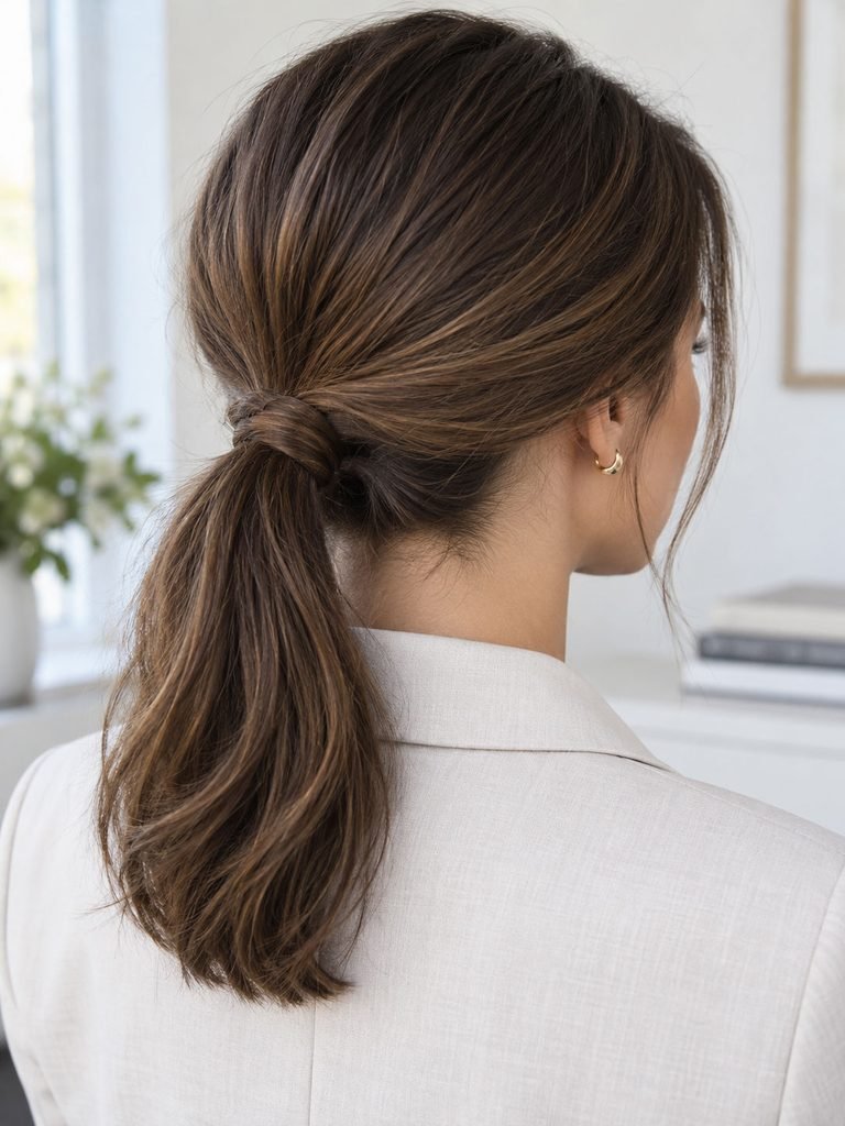Low ponytail with a small section of hair wrapped around the elastic