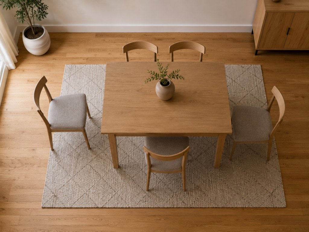 Dining chairs remaining on a correctly sized rug when pulled away from the table