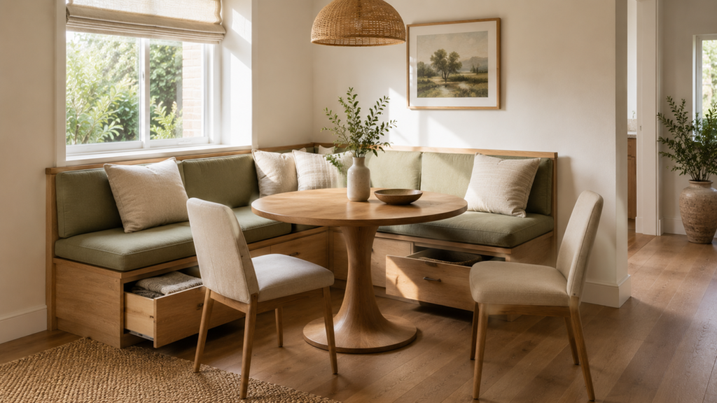 Small dining nook with a wall banquette and hidden storage drawers