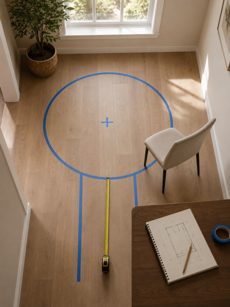 Painter’s tape marking a table layout and chair clearance in a small dining room