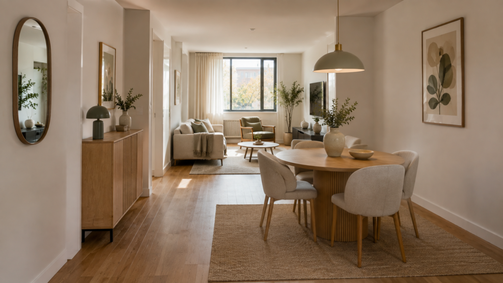 Small open-plan dining area defined by a rug and pendant light