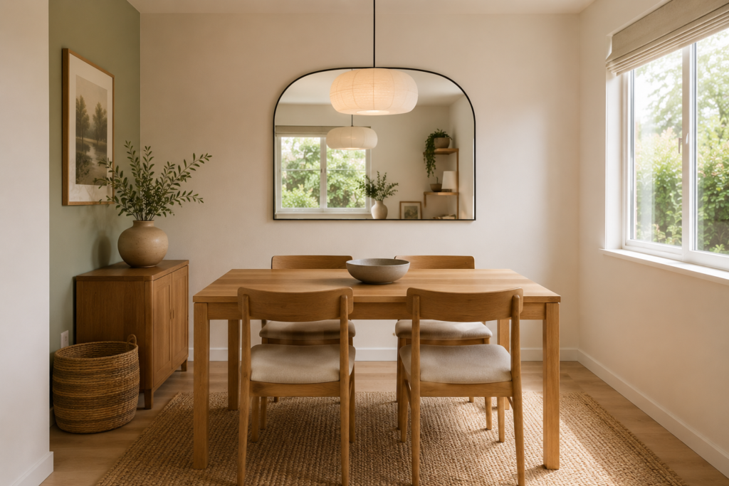 Large wall mirror reflecting natural light in a small dining room