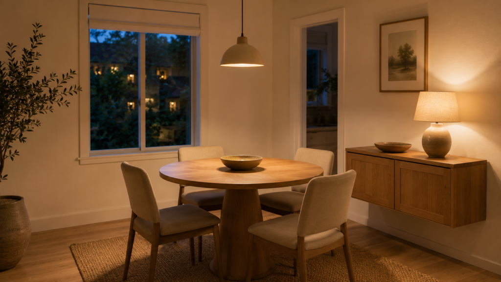 Warm pendant light centred above a compact dining table