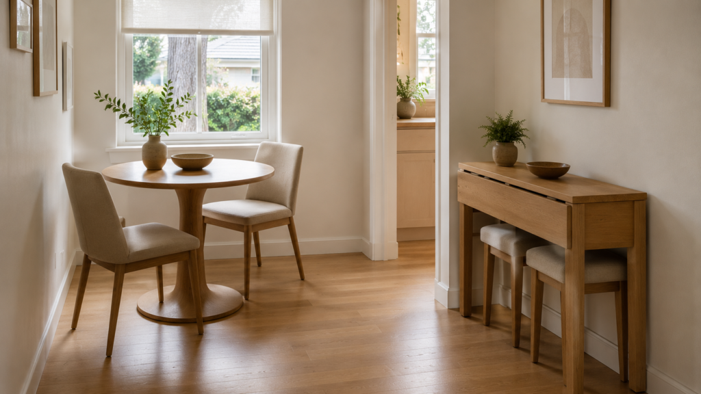 Space-saving dining tables with slim chairs in a compact dining area