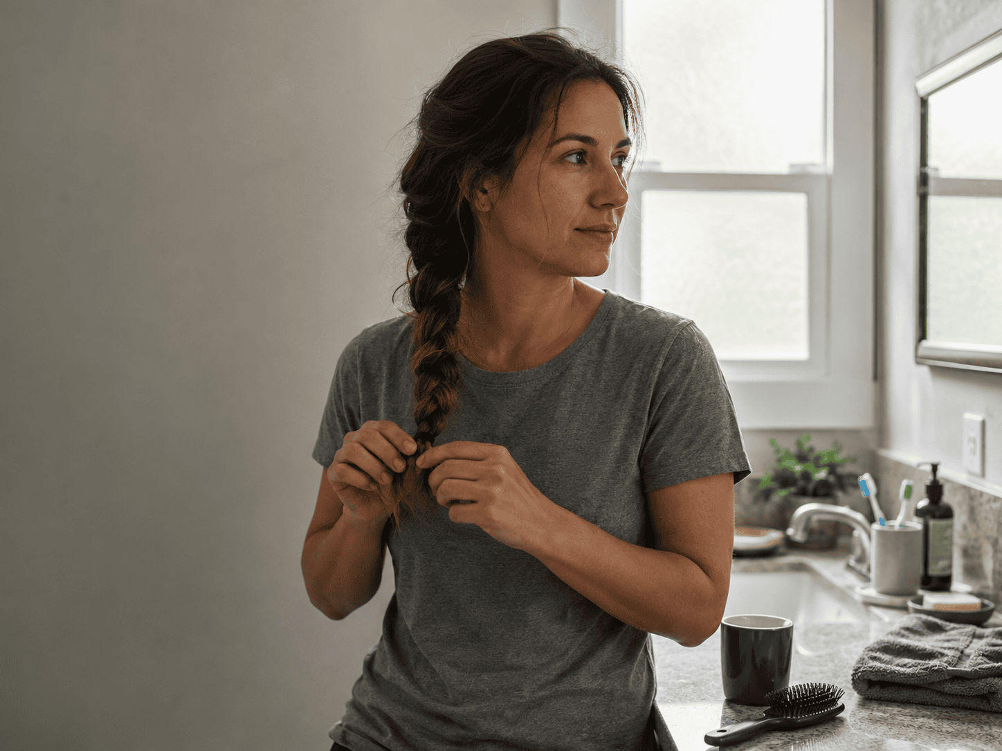 Woman finishing an easy braids hairstyle at her bathroom counter on a busy morning