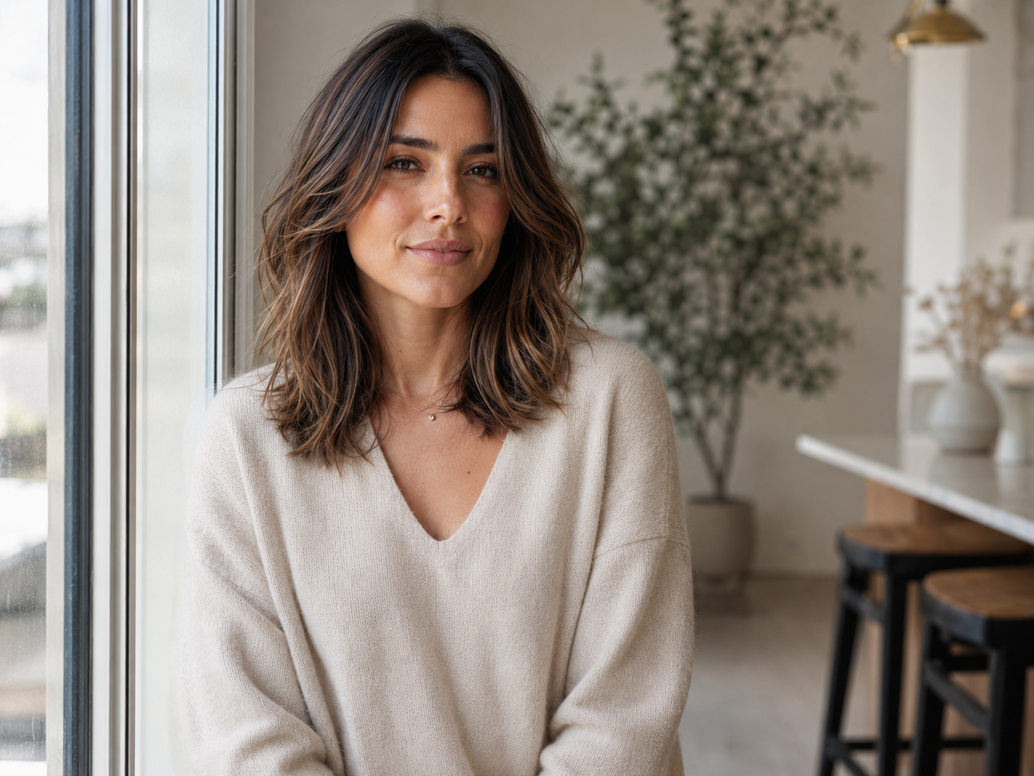 Woman wearing a medium hairstyle with soft face framing layers