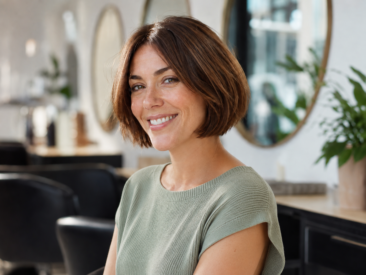 Woman with a trendy jaw length boy bob smiling in a bright salon, one of the top short hairstyles for 2026
