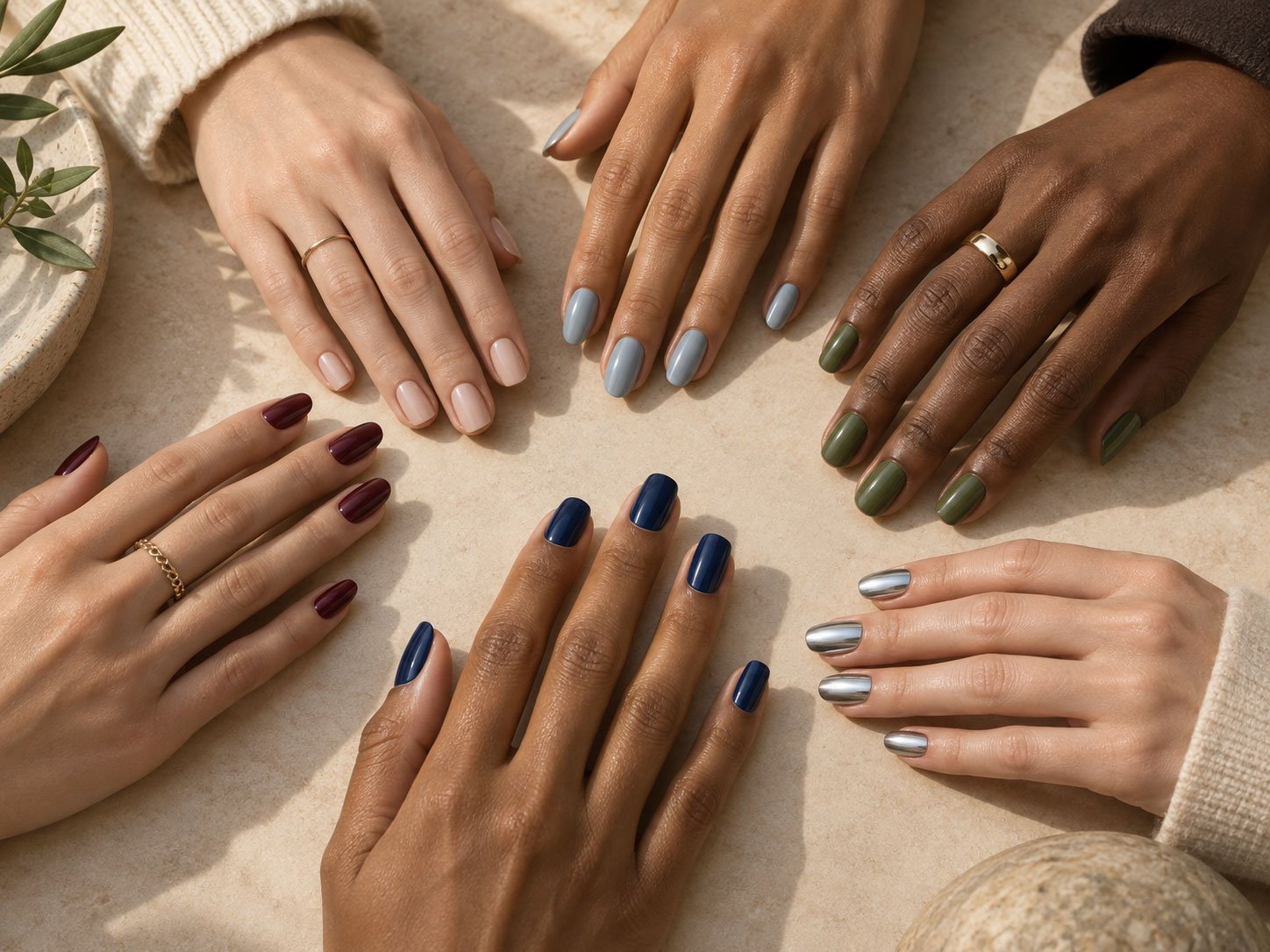 Hands wearing milky nude, fog blue, olive, burgundy, sapphire, and silver manicures