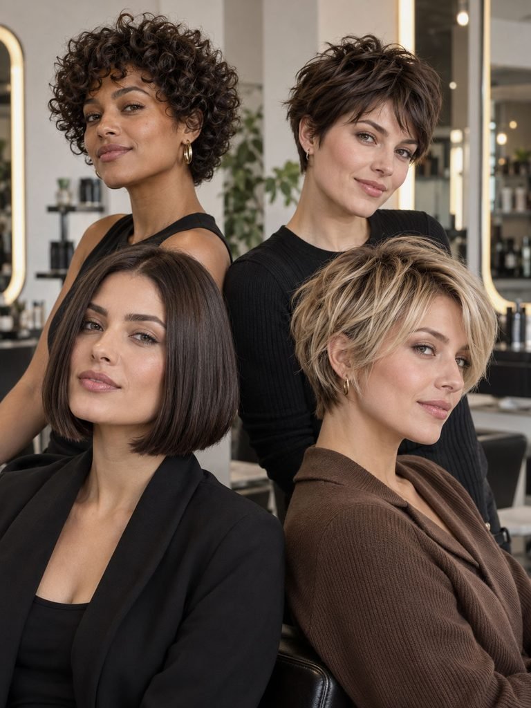 Women showing blunt bob, layered bixie, pixie, and curly short haircut shapes