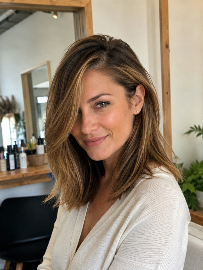 Medium-length hair with a deep side part and long sweeping front layers.