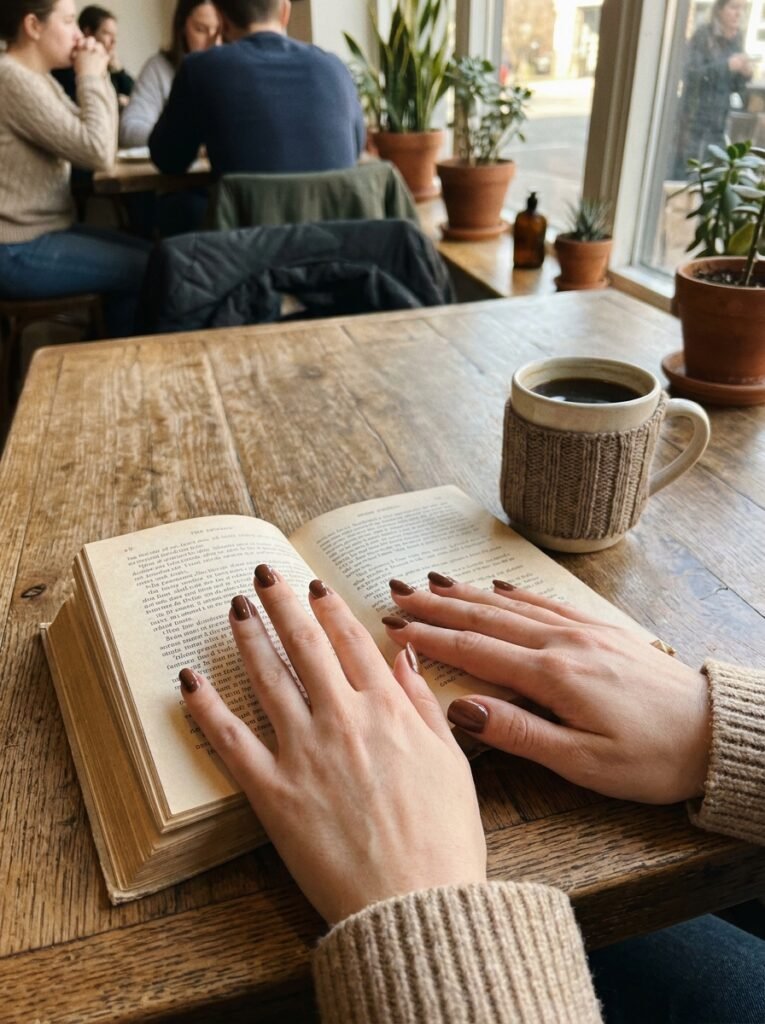 Soft chocolate brown manicure on hands resting on an open book at a cafe.