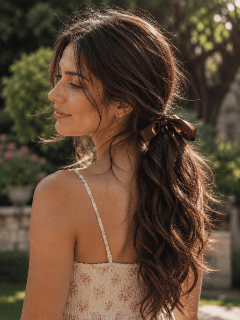 Low ponytail long hairstyle finished with a satin ribbon bow