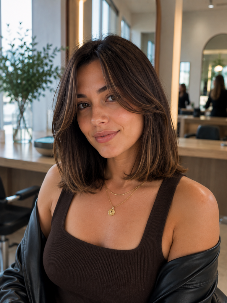 Rounded medium-length lob with smooth ends and chin-length face-framing layers.