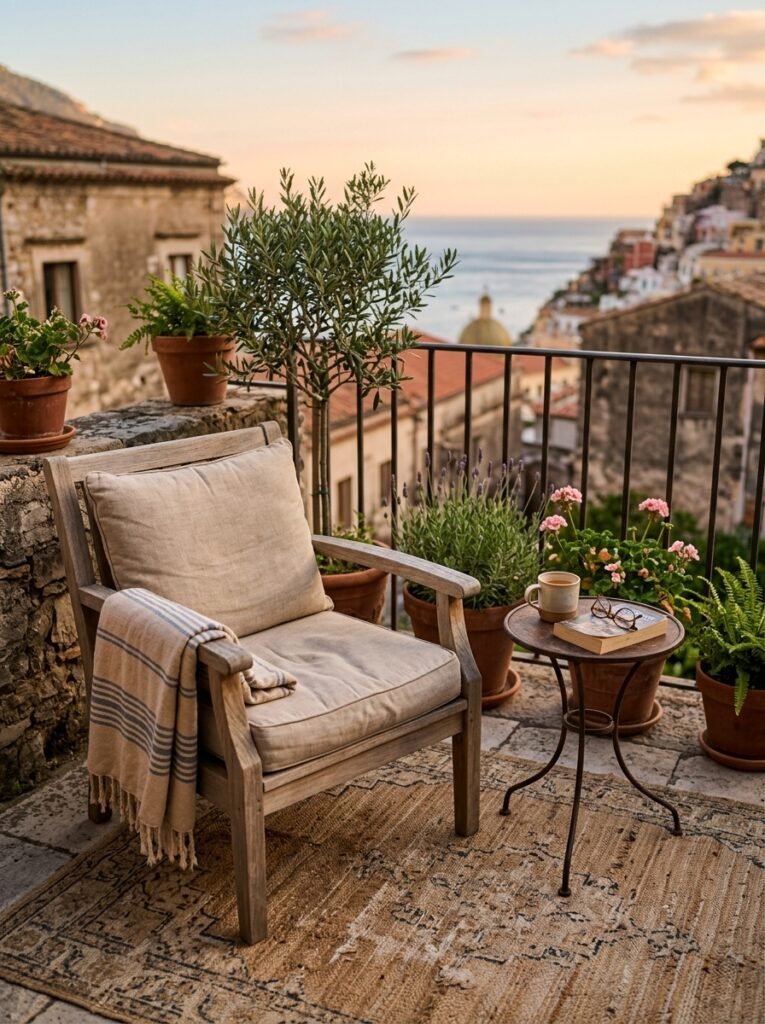 A cozy single chair corner on a balcony with a cushion, throw blanket and plants for slow evenings