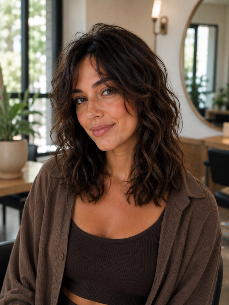 Naturally wavy medium hair styled in a soft shag with layered face-framing texture.