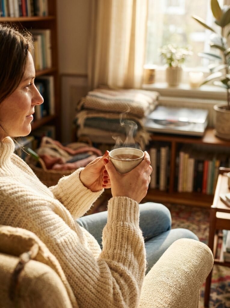 Warm brick red manicure on a woman holding a cup of tea in a living room.
