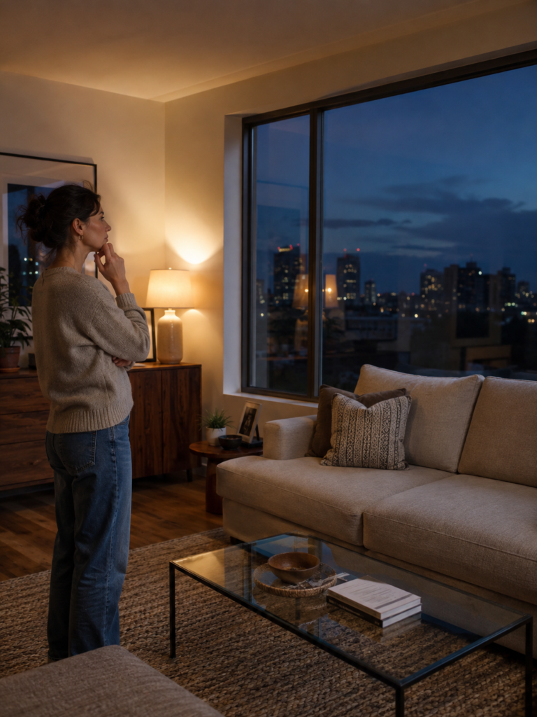 Homeowner assessing a living room window at night for reflections, comfort, privacy, and whether curtains are needed.