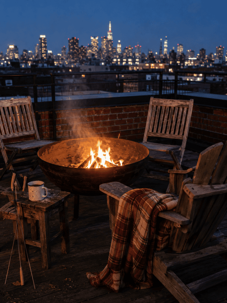 Steel fire bowl glowing at dusk with an Adirondack chair and wooden chairs on a rooftop