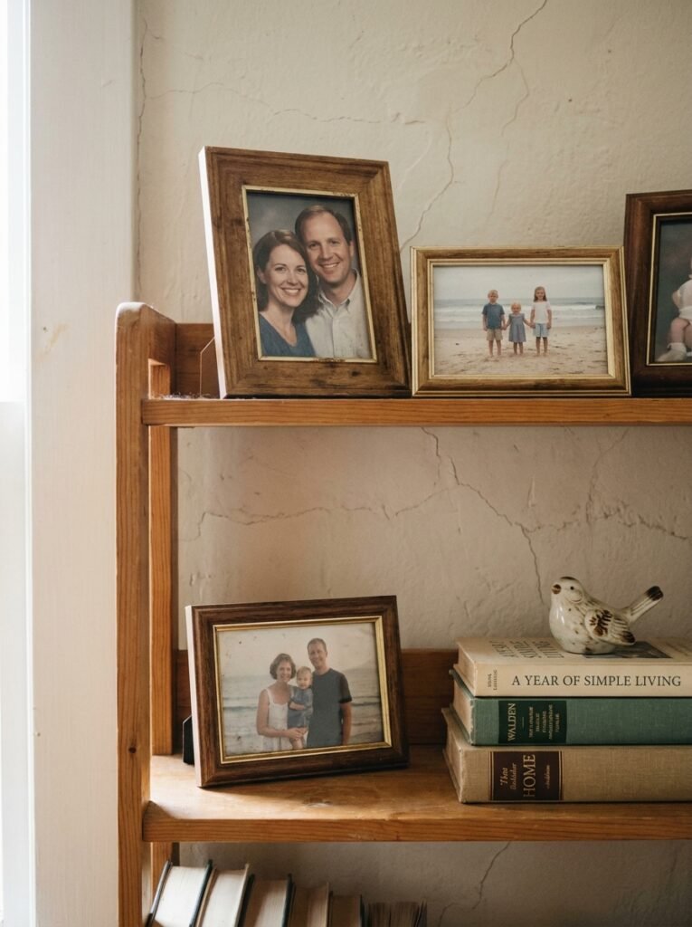 Shelf with family photos books and a small keepsake in a living room