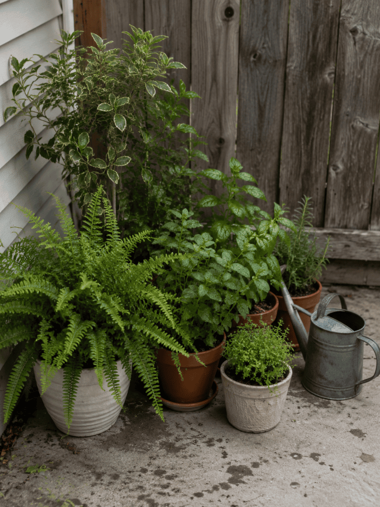 Grouped potted plants and herbs decorating a backyard patio corner