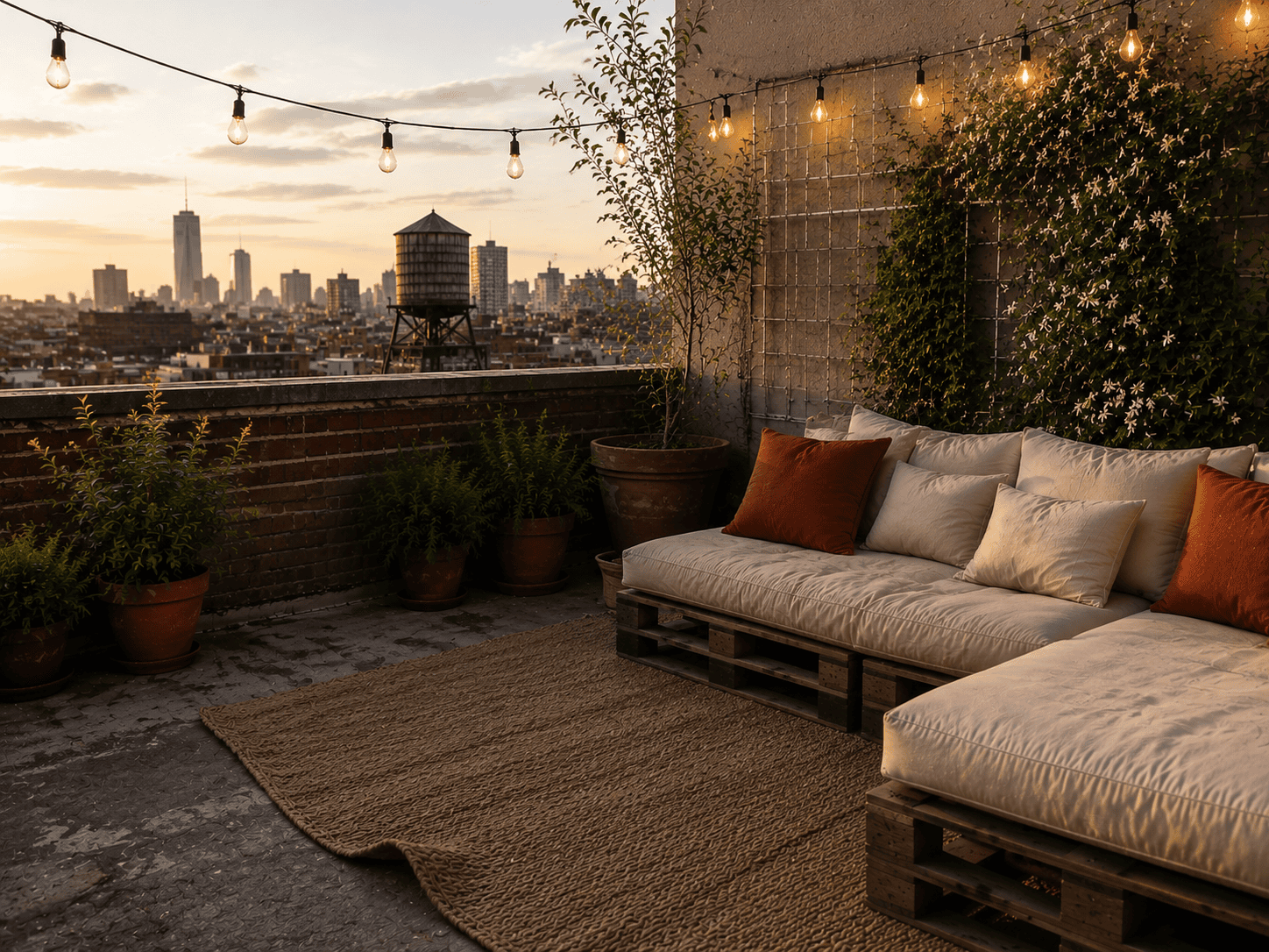 Affordable rooftop decor ideas on a Brooklyn brownstone rooftop with Edison string lights, a pallet sofa and layered rugs at dusk