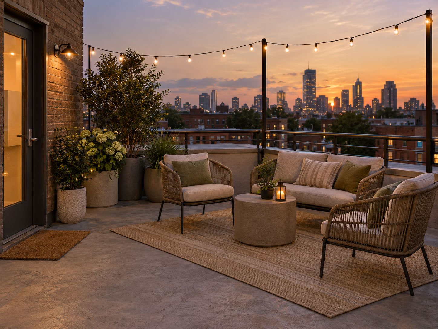 Compact city rooftop with low outdoor seating, a neutral rug, planters and warm lighting
