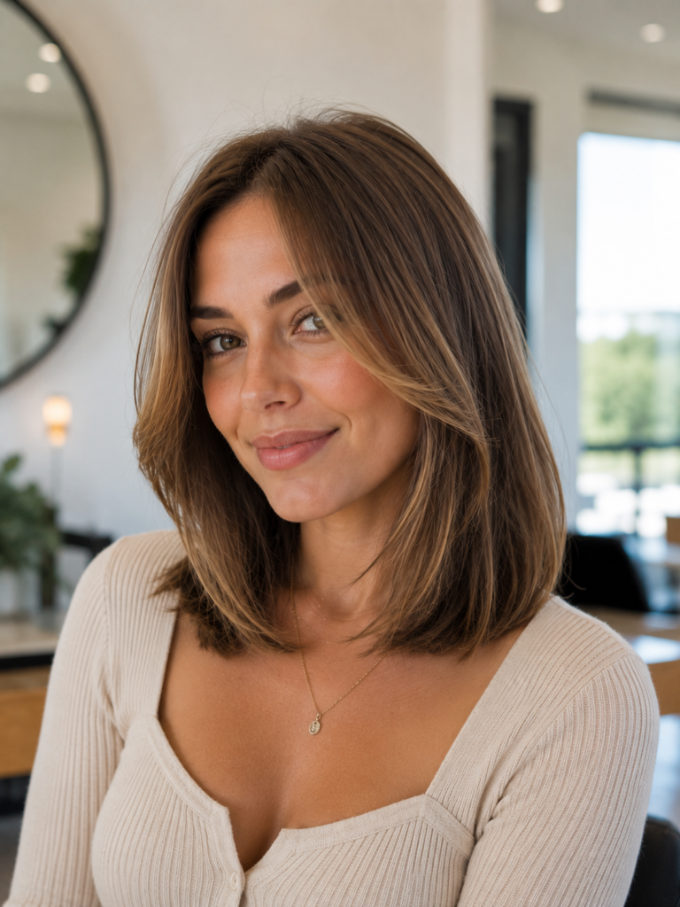 Fine medium-length hair with light, airy layers shaped softly around the face.