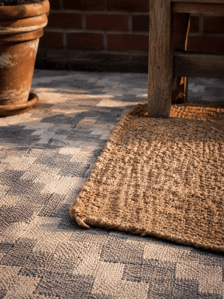 Layered polypropylene and jute outdoor rugs over concrete on an American rooftop