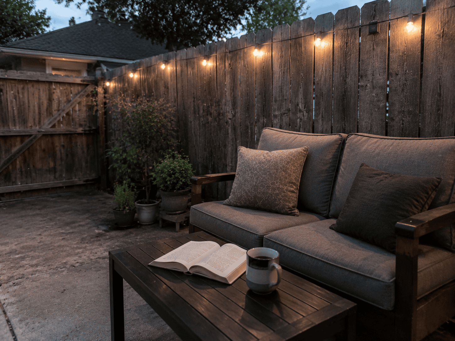 Cozy backyard patio at dusk with string lights cushioned seating and potted plants