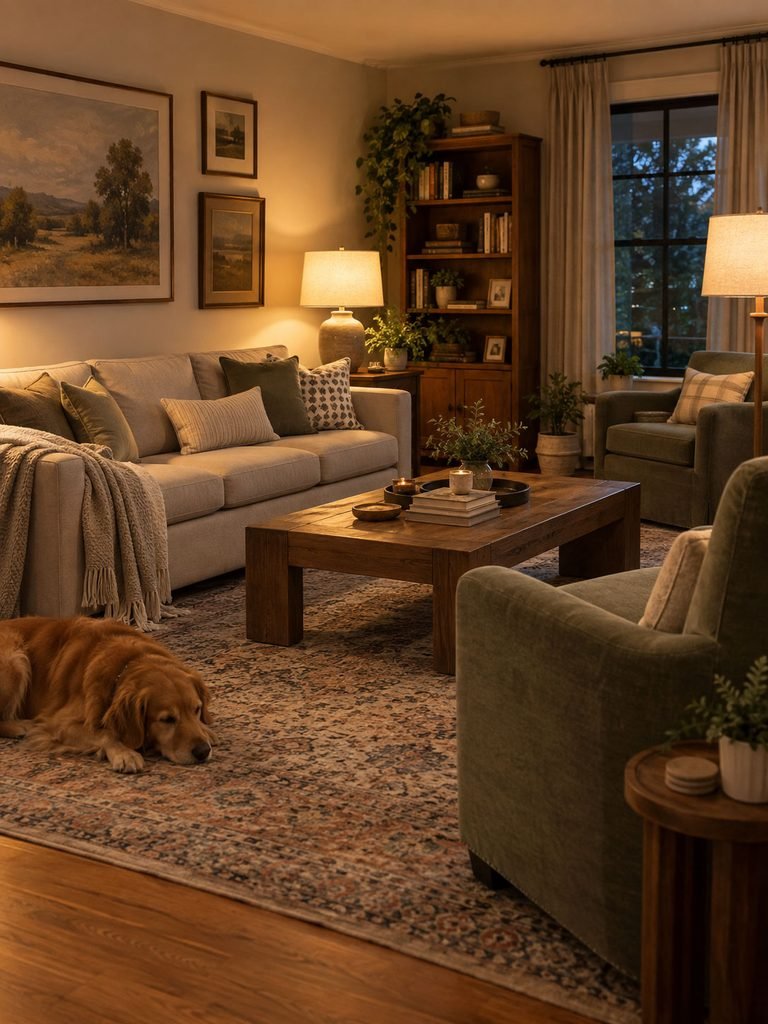 Comfortable modern living room with warm lamps, restrained textiles and uncluttered surfaces