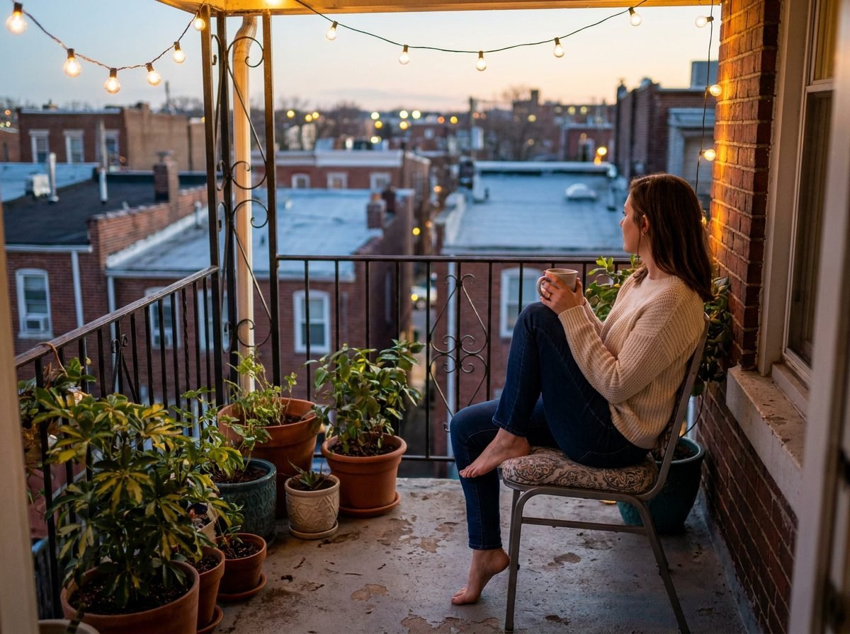 Woman relaxing with a mug on a cozy apartment balcony lit by warm string lights and surrounded by plants at dusk