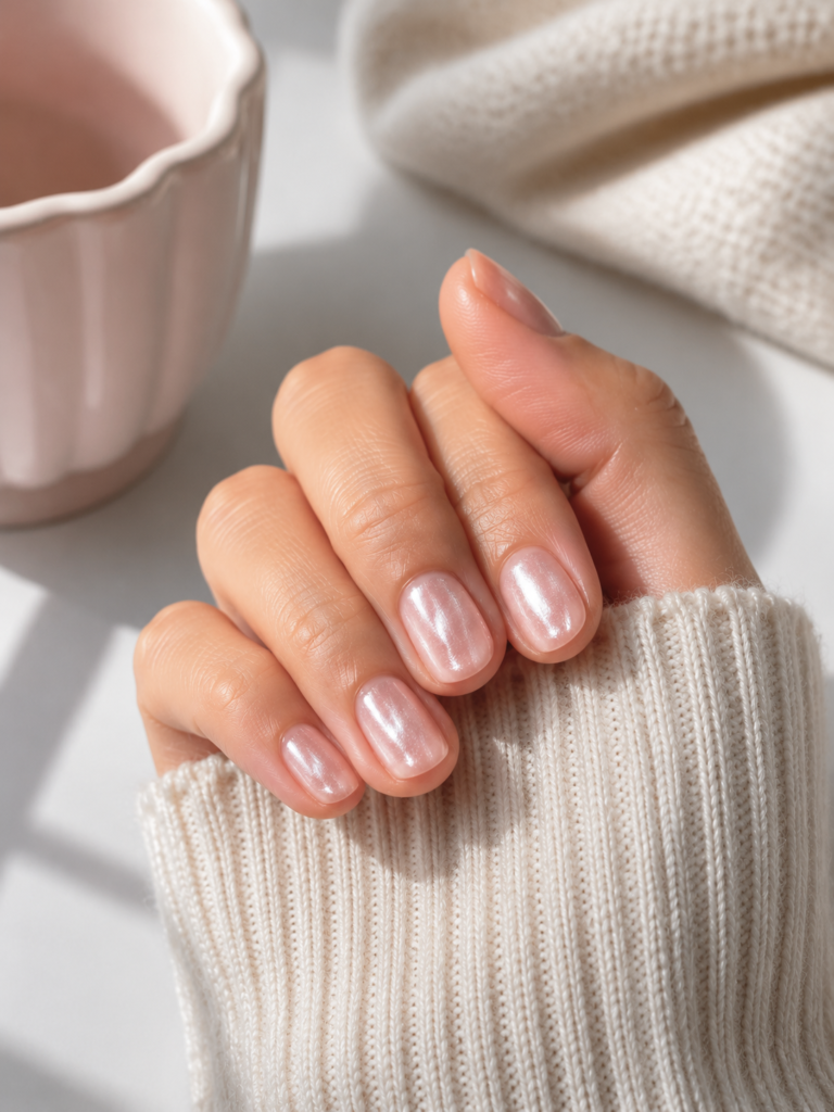 Short blush pink cat eye nails with soft silver magnetic halos.