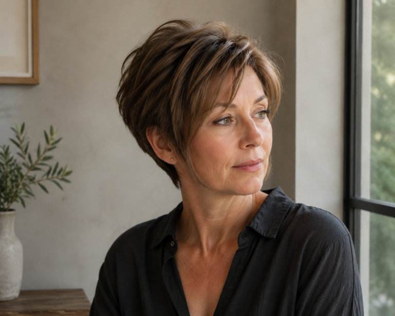 Woman with fine mid-brown hair wearing a bixie haircut with a lifted crown and jaw-length face-framing pieces.