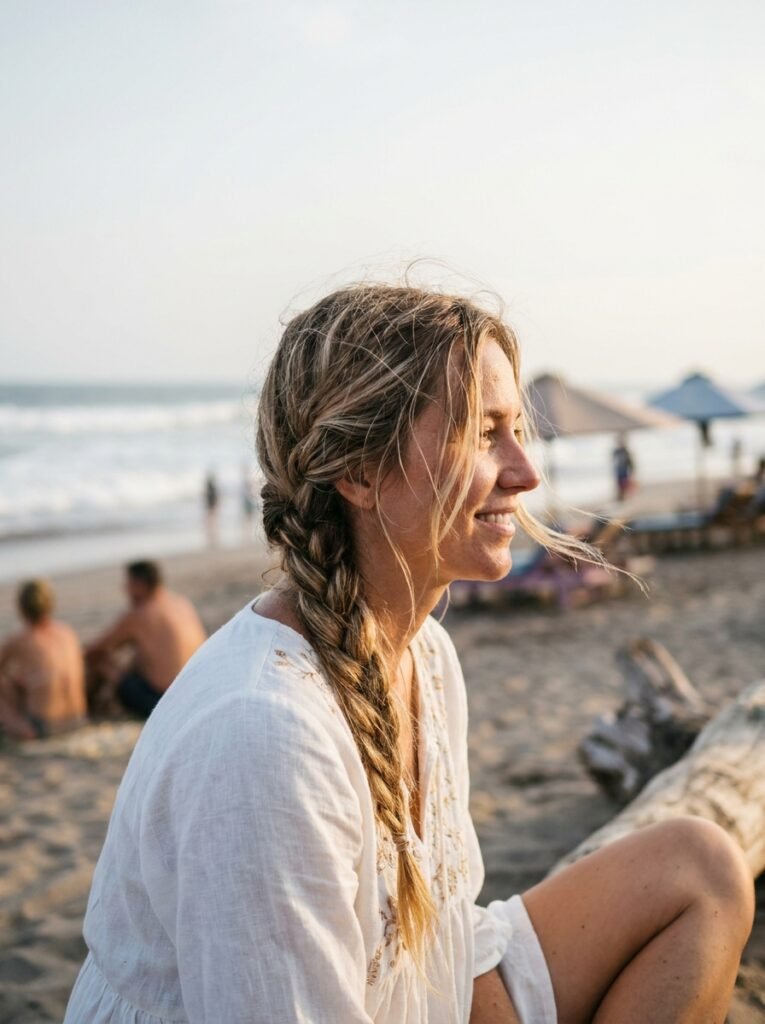 Woman with loose boho braids at a relaxed beach celebration.