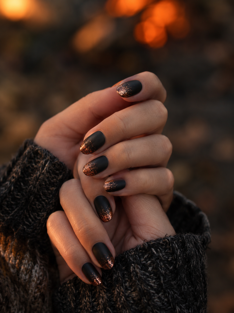 Hands with short almond nails painted deep black with copper glitter tips, held close together in low evening light.