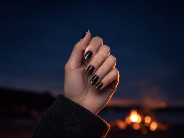 Woman's hand with short black nails and gold glitter tips raised against a dark sky lit by a warm orange glow.