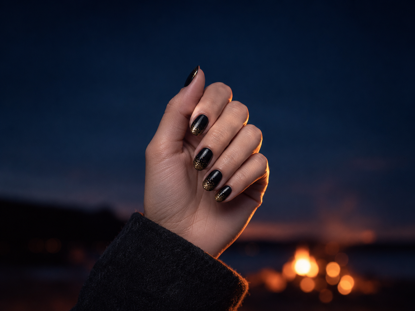 Woman's hand with short black nails and gold glitter tips raised against a dark sky lit by a warm orange glow.